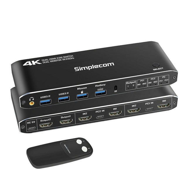 Simplecom KM430 Dual HDMI Monitor KVM Switch for 2 Computers with 4-Port USB Hub 4K@60Hz Keyboard Hotkey.
