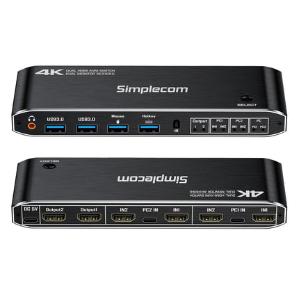 Simplecom KM430 Dual HDMI Monitor KVM Switch for 2 Computers with 4-Port USB Hub 4K@60Hz Keyboard Hotkey.