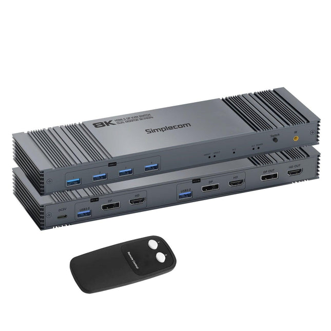Simplecom KM490 HDMI and DisplayPort Dual Monitor KVM Switch for 2 Computers with 4-Port USB 3.0 Hub 5Gbps 8K@60Hz.