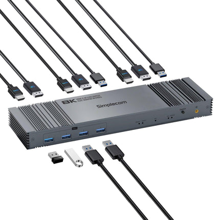 Simplecom KM490 HDMI and DisplayPort Dual Monitor KVM Switch for 2 Computers with 4-Port USB 3.0 Hub 5Gbps 8K@60Hz.