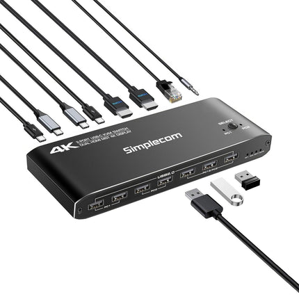 Simplecom KM590 2-Port USB-C Dual 4K HDMI Monitor KVM Switch and Docking Station with Network Sharing.