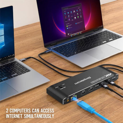 Simplecom KM590 2-Port USB-C Dual 4K HDMI Monitor KVM Switch and Docking Station with Network Sharing.