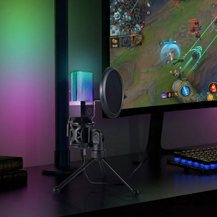 Simplecom UM650 USB Cardioid Condenser Microphone Gaming RGB Lights with Tripod & Pop Filter.