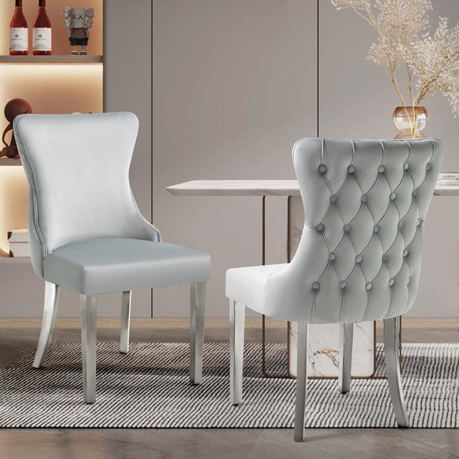 Set of 2 - Paris Light Grey Velvet  & Silver Polished Steel Upholstered Dining Chairs Tufted Back.