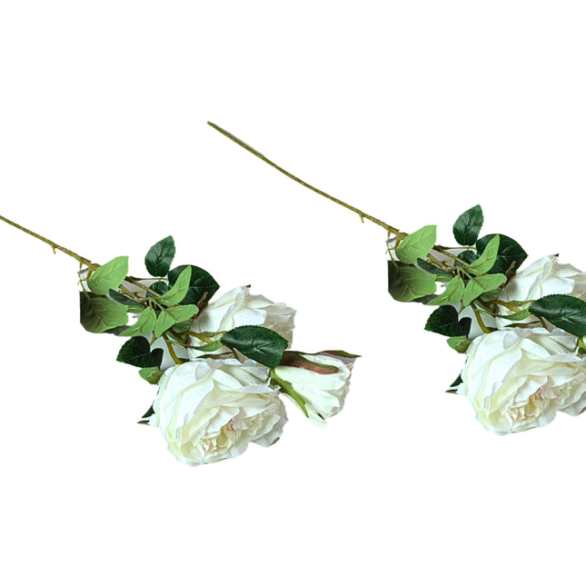 Artificial Rose Stems – Set of 2 Stems – 60cm with 3 Flowers Each - Off White.