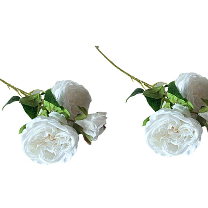 Artificial Rose Stems – Set of 2 Stems – 60cm with 3 Flowers Each - White.