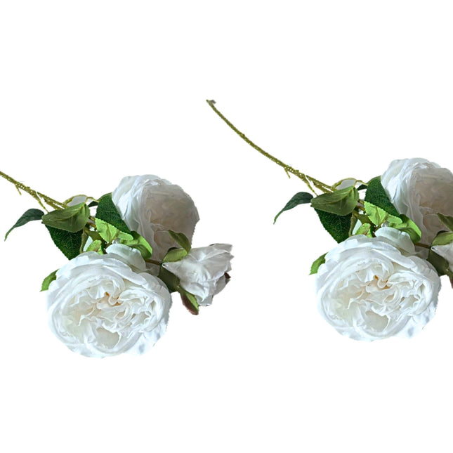 Artificial Rose Stems – Set of 2 Stems – 60cm with 3 Flowers Each - White.