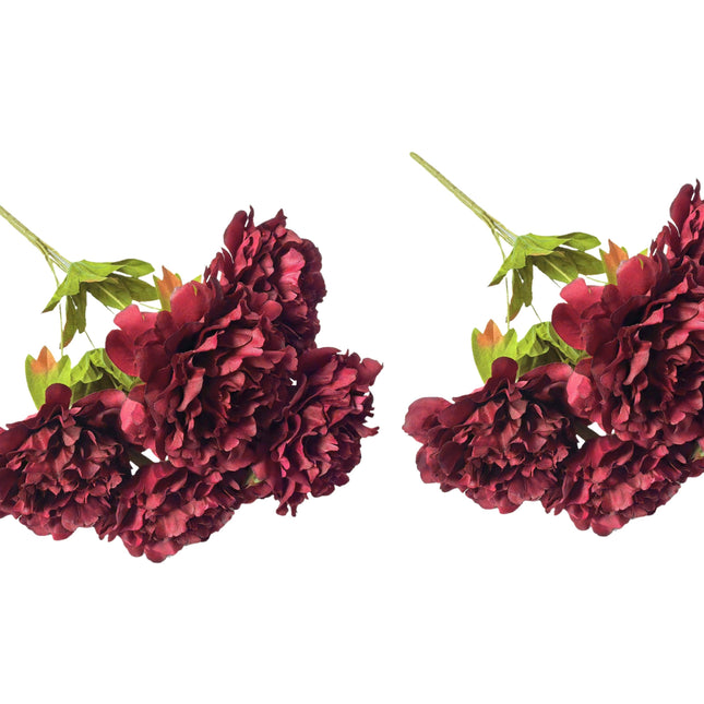 Artificial Bloomed Peony Bunch – Set of 2 Bunches – 45cm with 5 Flowers Each - Maroon.