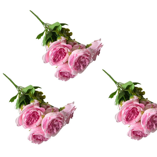 Artificial Rose Bunch – 31cm (Set of 3 Stems, 4 Flowers Each) - Pink.