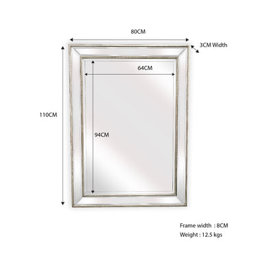 Silver Beaded Framed Mirror - Rectangle 80cm x 110cm.