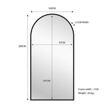 Black Metal Arch Mirror - X Large 100cm x 200cm.