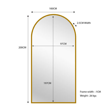 Gold Metal Arch Mirror  - X Large 100cm x 200cm.