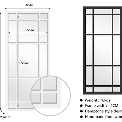Window Style Mirror Full Length - Black 80 CM x 180 CM.