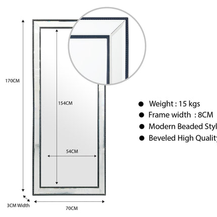Medium Black Beaded Framed Mirror - 70cm x 170cm.