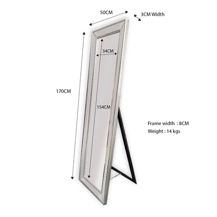Silver Beaded Framed Mirror - Free Standing 50cm x 170cm.