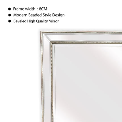 Silver Beaded Framed Mirror - Free Standing 50cm x 170cm.