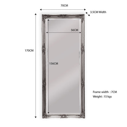 French Provincial Ornate Mirror - Antique Silver - Medium 70cm x 170cm.