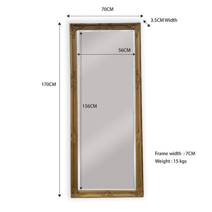 French Provincial Ornate Mirror - Country Gold - Medium 70cm x 170cm.