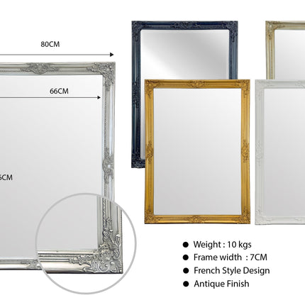 French Provincial Ornate Mirror - Antique Silver - Small 80cm x 110cm.