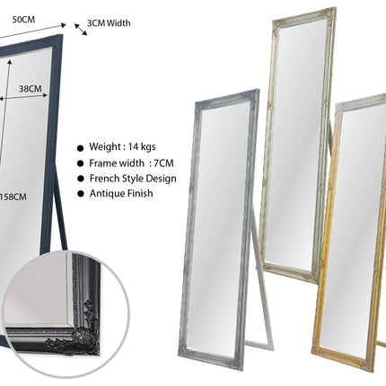 French Provincial Ornate Mirror - Black - Free Standing 50cm x 170cm.