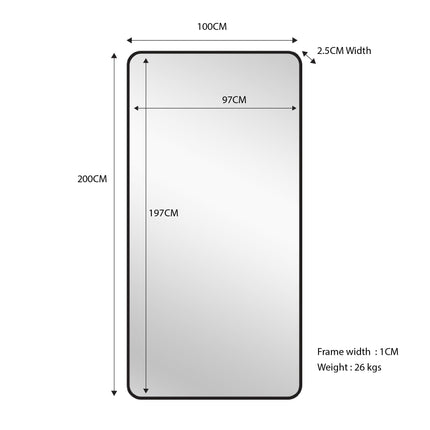 Black Metal Rectangle Mirror - X-Large 100cm x 200cm.