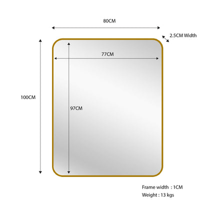 Gold Metal Rectangle Mirror - Small 80cm x 100cm.