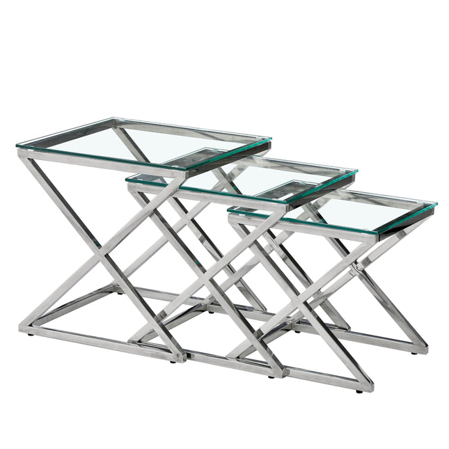Bella Set of 3 Silver Side Table - Clear Glass.