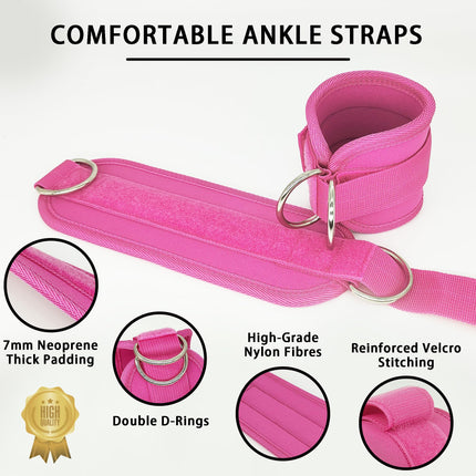 2x Adjustable Ankle Straps for Cable Machines D-Rings Gym Cuff Kickbacks Glute Workouts Leg Extensions Straps Hip Pink.