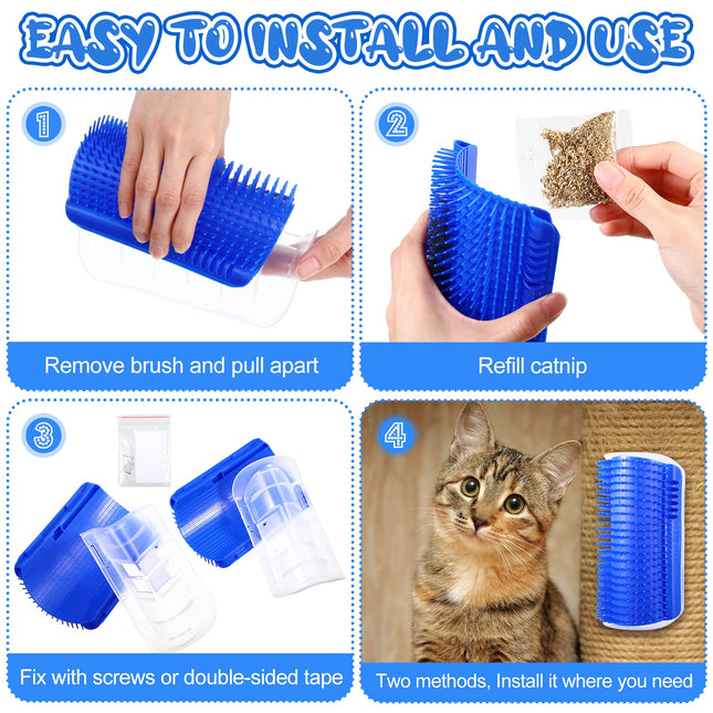 Cat Self Groomer Catnip  Dog Cat Toy Corner Groomer Wall Corner Scratcher Comb Grooming Massage Brush Blue.