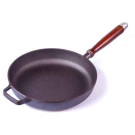 Pre-Seasoned 29cm Cast Iron Fry Pan Cookware Heat-Resistant Wooden Handle.