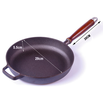 Pre-Seasoned 29cm Cast Iron Fry Pan Cookware Heat-Resistant Wooden Handle.
