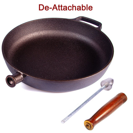Pre-Seasoned 29cm Cast Iron Fry Pan Cookware Heat-Resistant Wooden Handle.
