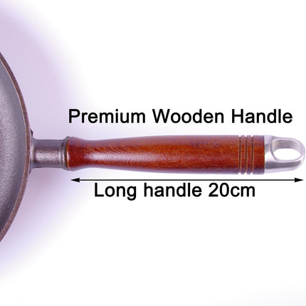 Pre-Seasoned 29cm Cast Iron Fry Pan Cookware Heat-Resistant Wooden Handle.