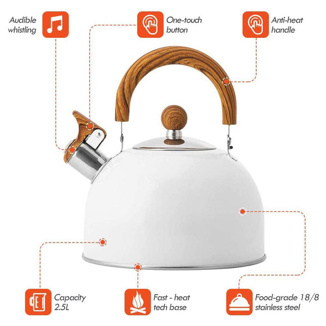 2.5 Liter Tea Whistling Kettle Stainless Steel Modern Whistling Tea Pot for Stovetop White.
