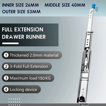 32in Pair 150KG Heavy Duty Drawer Slides Rails Runners Locking Ball Bearing.