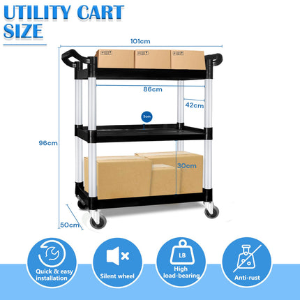 3 Tier Large Service Food Cart Restaurant Trolley Utility Cart Kitchen Catering Shelf Storage.