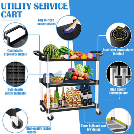 3 Tier Large Service Food Cart Restaurant Trolley Utility Cart Kitchen Catering Shelf Storage.