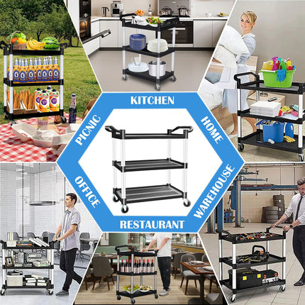 3 Tier Large Service Food Cart Restaurant Trolley Utility Cart Kitchen Catering Shelf Storage.