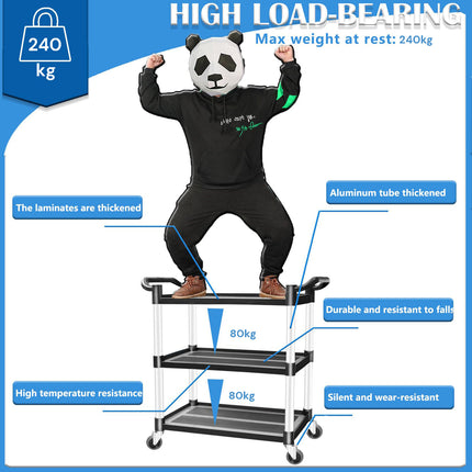 3 Tier Large Service Food Cart Restaurant Trolley Utility Cart Kitchen Catering Shelf Storage.