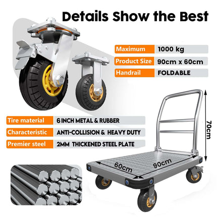 1000KG Capacity Heavy Duty Foldable Platform Truck Flatbed Push Cart Steel Dolly Trolley Cart Brake.