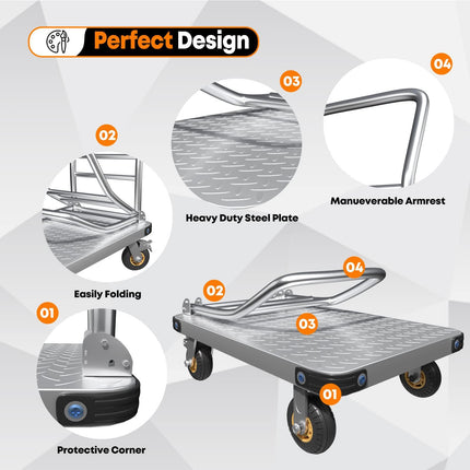 1000KG Capacity Heavy Duty Foldable Platform Truck Flatbed Push Cart Steel Dolly Trolley Cart Brake.
