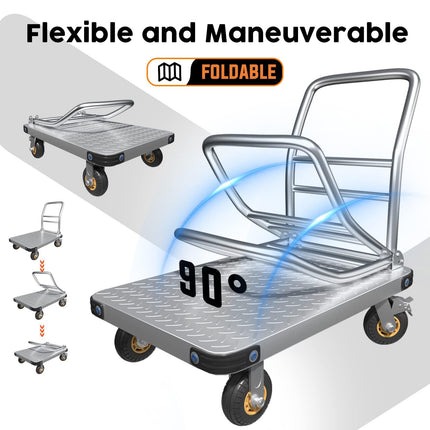 1000KG Capacity Heavy Duty Foldable Platform Truck Flatbed Push Cart Steel Dolly Trolley Cart Brake.
