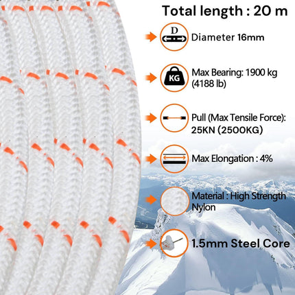 16mm 20m Safety Climbing Rope Nylon Rock Static Outdoor Boat Anchor Marine Rope Dock Lines Rope.