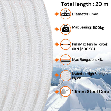 8mm 20m Safety Climbing Rope Nylon Rock Static Outdoor Boat Anchor Marine Rope Dock Lines Rope.
