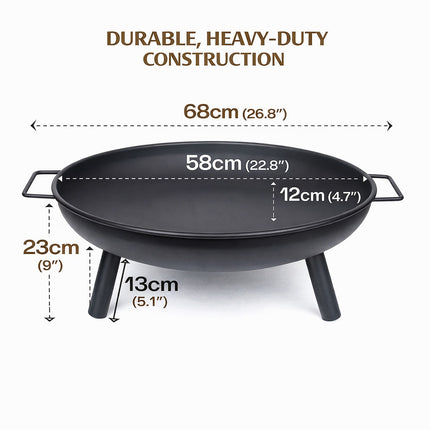 Outdoor Fire Pit 68cm Steel Fire Bowl Wood Burning Portable Heater Backyard Camping BBQ with Handles.