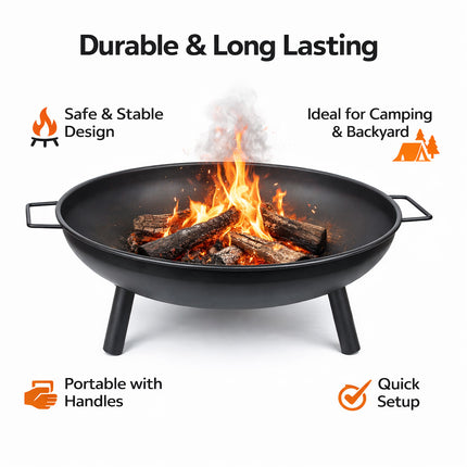 Outdoor Fire Pit 68cm Steel Fire Bowl Wood Burning Portable Heater Backyard Camping BBQ with Handles.