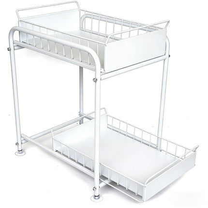 2 Tier Under Sink Storage Rack Kitchen Organizer Steel Frame with Removable Baskets & Suction Feet White.