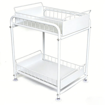 2 Tier Under Sink Storage Rack Kitchen Organizer Steel Frame with Removable Baskets & Suction Feet White.
