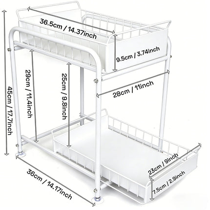 2 Tier Under Sink Storage Rack Kitchen Organizer Steel Frame with Removable Baskets & Suction Feet White.