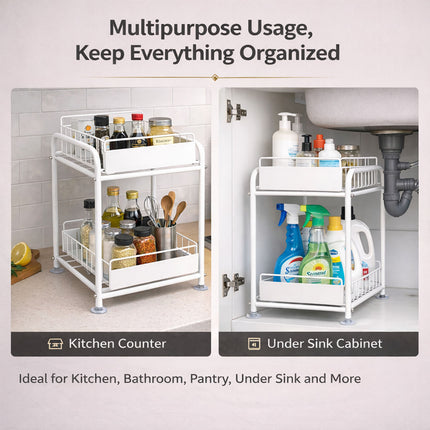 2 Tier Under Sink Storage Rack Kitchen Organizer Steel Frame with Removable Baskets & Suction Feet White.